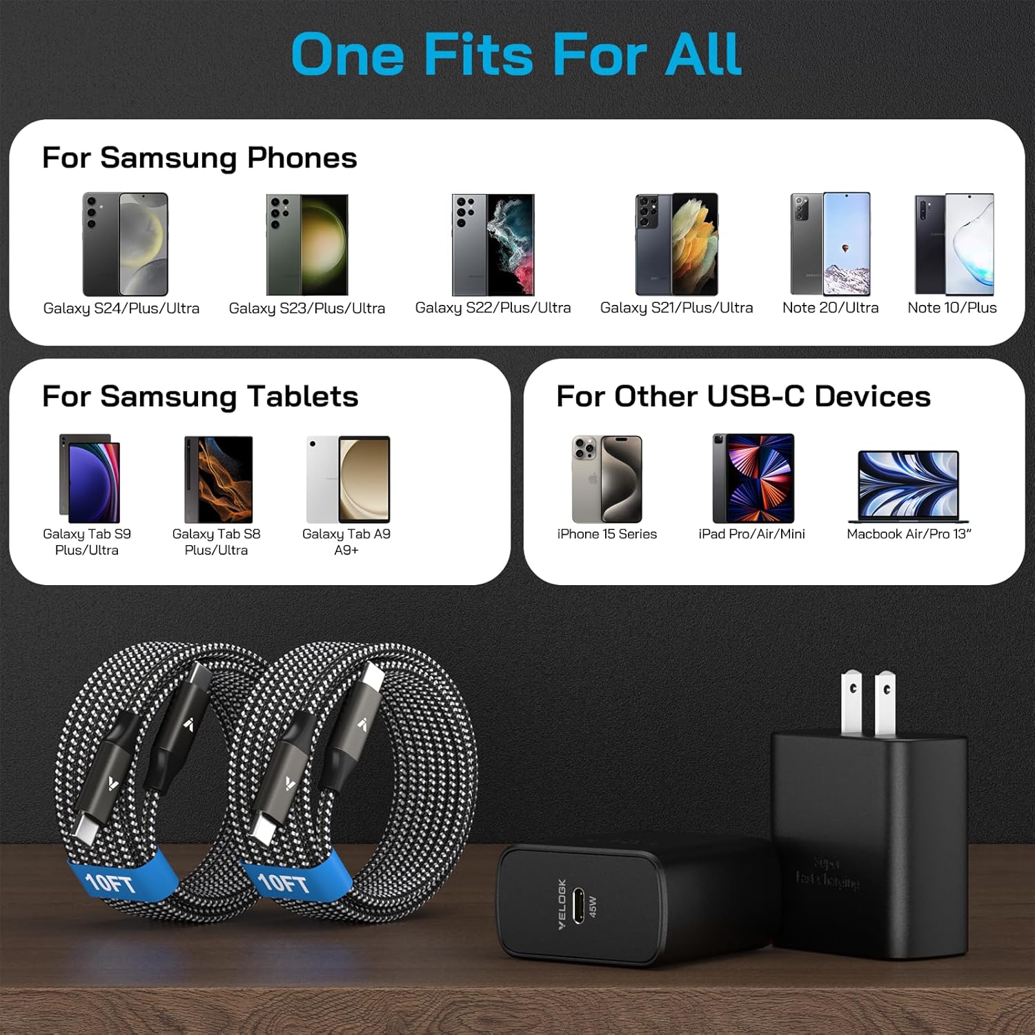 45W Super Fast Charger USB C, 45 Watt Type-C Android Phone Charger Fast Charging Block with 10FT Type C Cords for Samsung Galaxy S25 Ultra/S24 Ultra/S24+/S23 Ultra/S23+/S22 Plus/S20, Tab S9/S8 Ultra