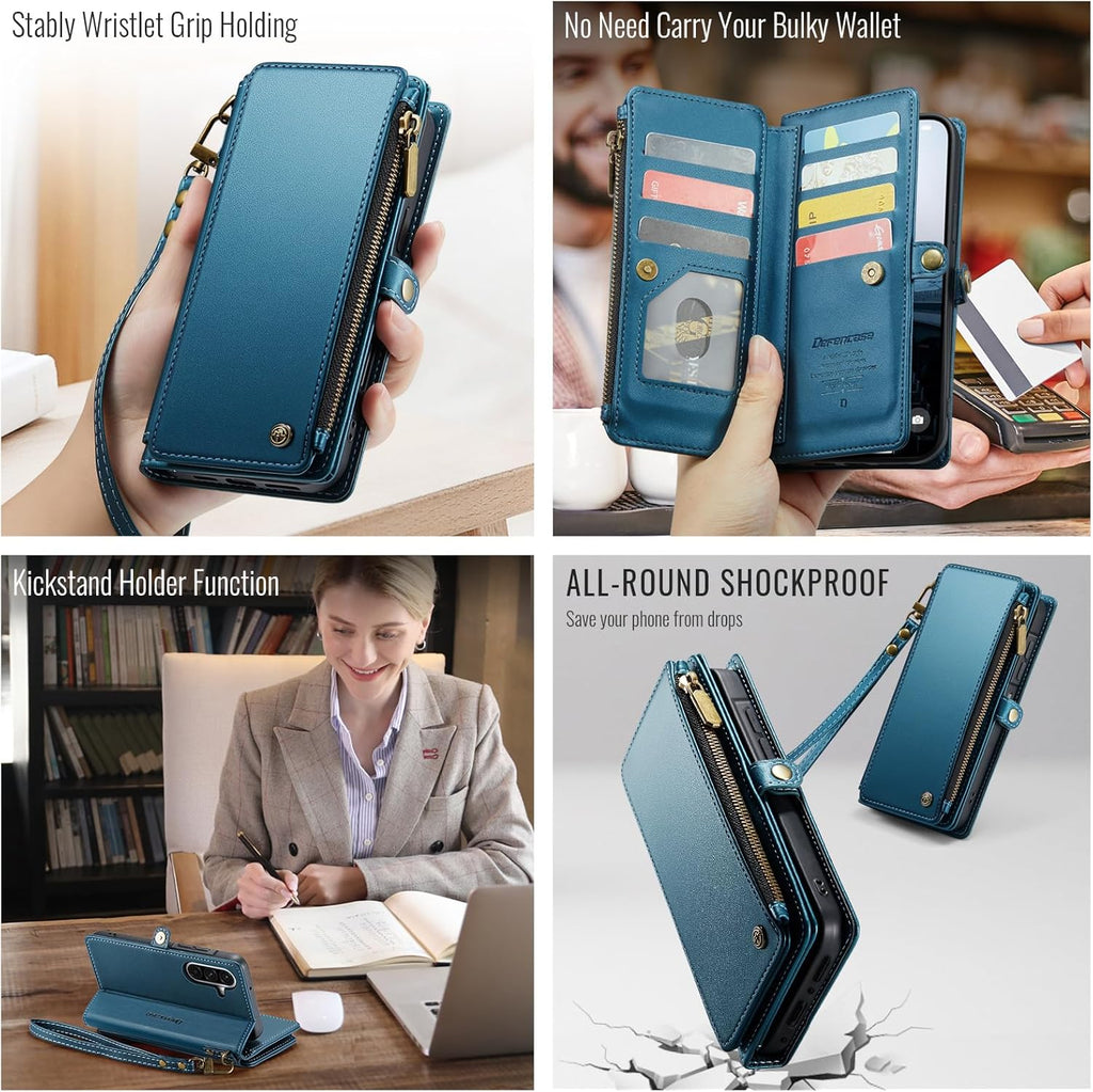 Defencase for Galaxy A26 5G Case Wallet with RFID Blocking Card Holder for Women Men, Fashion PU Leather Magnetic Snap Flip Zipper Wrist Strap Wallet Phone Case for Samsung Galaxy A26 5G, Dark Blue