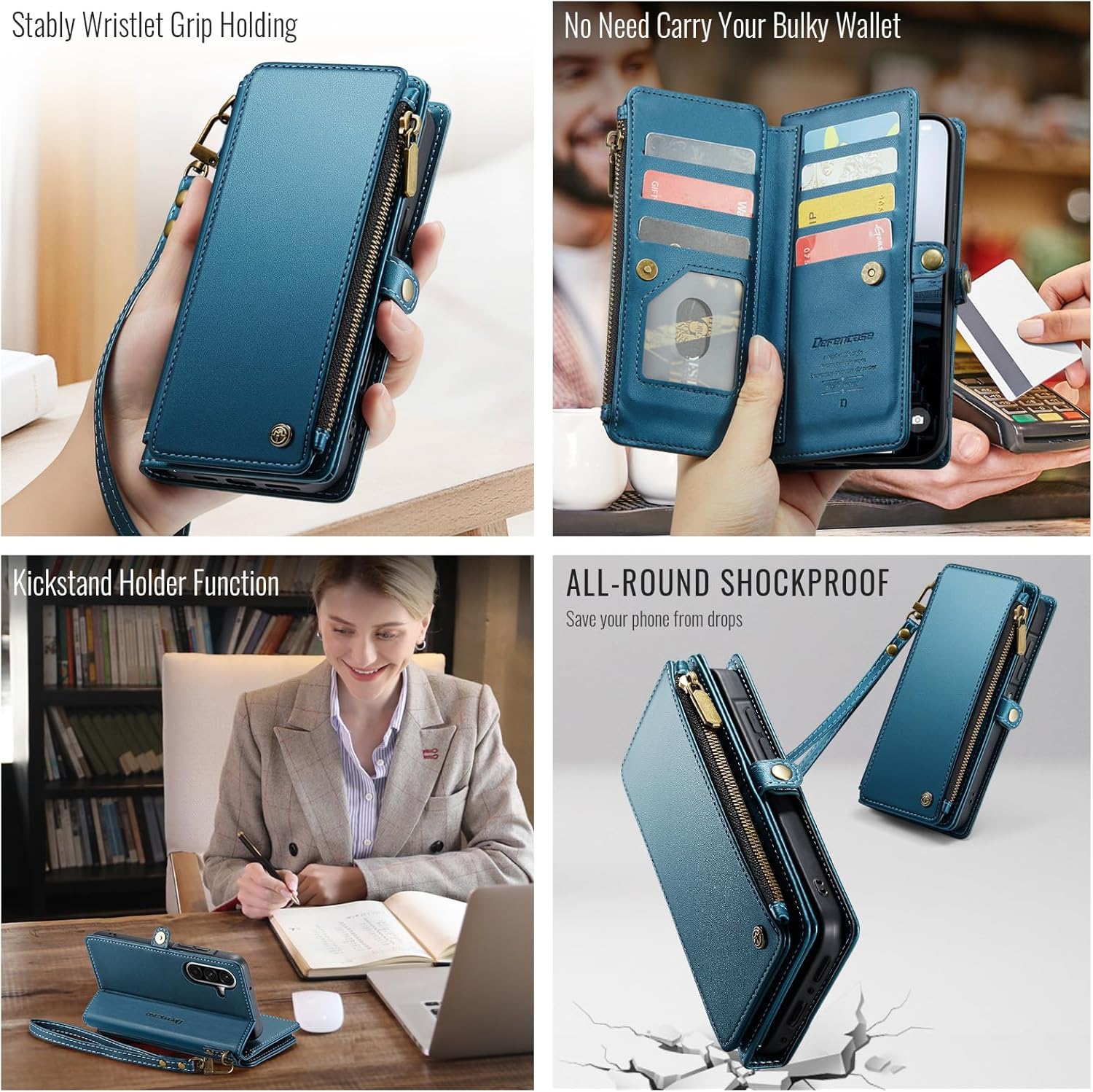 Defencase for Galaxy A26 5G Case Wallet with RFID Blocking Card Holder for Women Men, Fashion PU Leather Magnetic Snap Flip Zipper Wrist Strap Wallet Phone Case for Samsung Galaxy A26 5G, Dark Blue
