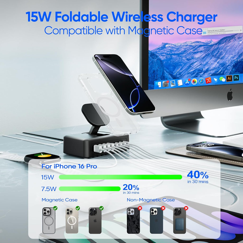 160W USB Charging Station Power Strip, 11-in-1 USB C Charger Block, 2AC Outlets with 8USB Ports(4USB-C), 5FT Flat Plug Extension Cord, Fast Charging Desktop Charger for Home Office Dorm Room, Black