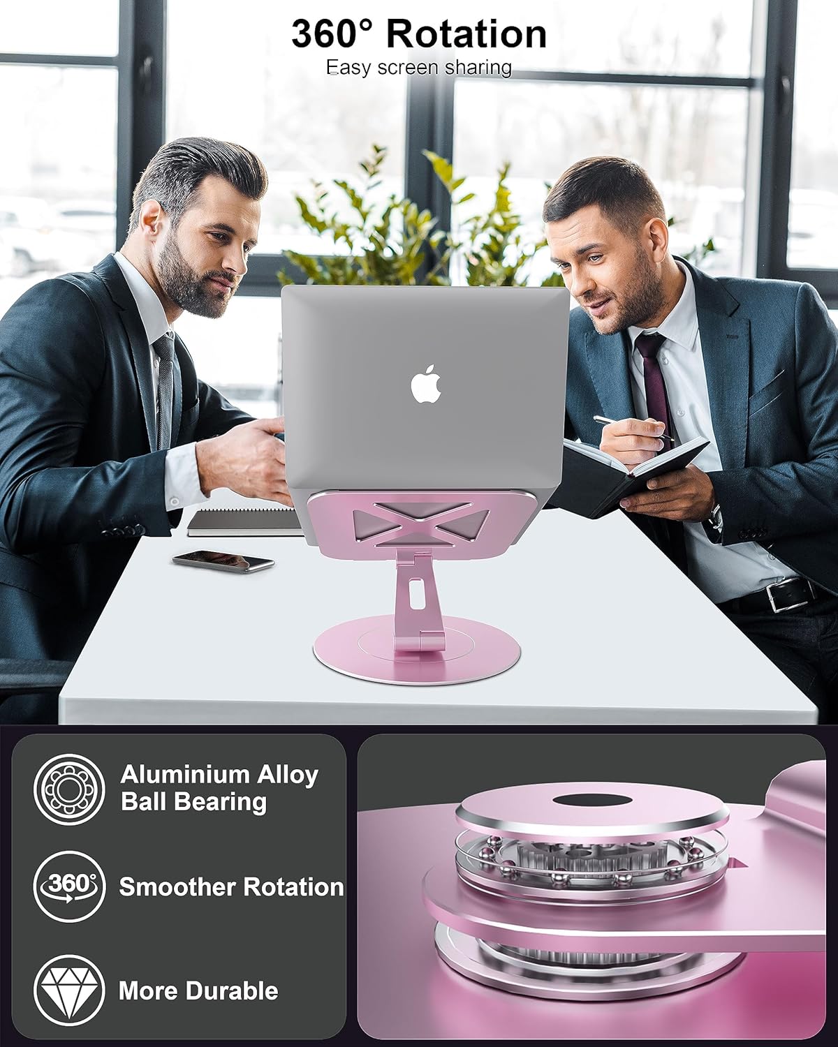 Ultra-Stable Swivel Laptop Stand for Desk, 300% Larger Base Stability, Military-Grade Aluminum, Height Adjustable Stylish Laptop Stand for Women, Suitable for 10"-17.3" Laptops Rose Gold