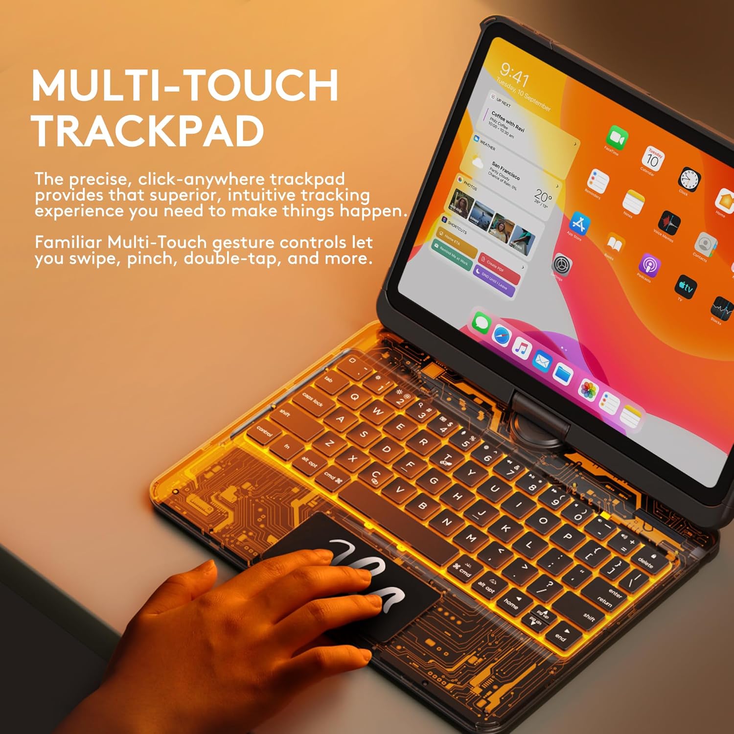 GUSGU Transparent Case with Wireless Keyboard for iPad 11th Gen 11-in.(A16, 2025), 2022 iPad 10th Gen 10.9-in, 7 Colors Backlight, Trackpad, 360°Rotating Stand, Tech Style