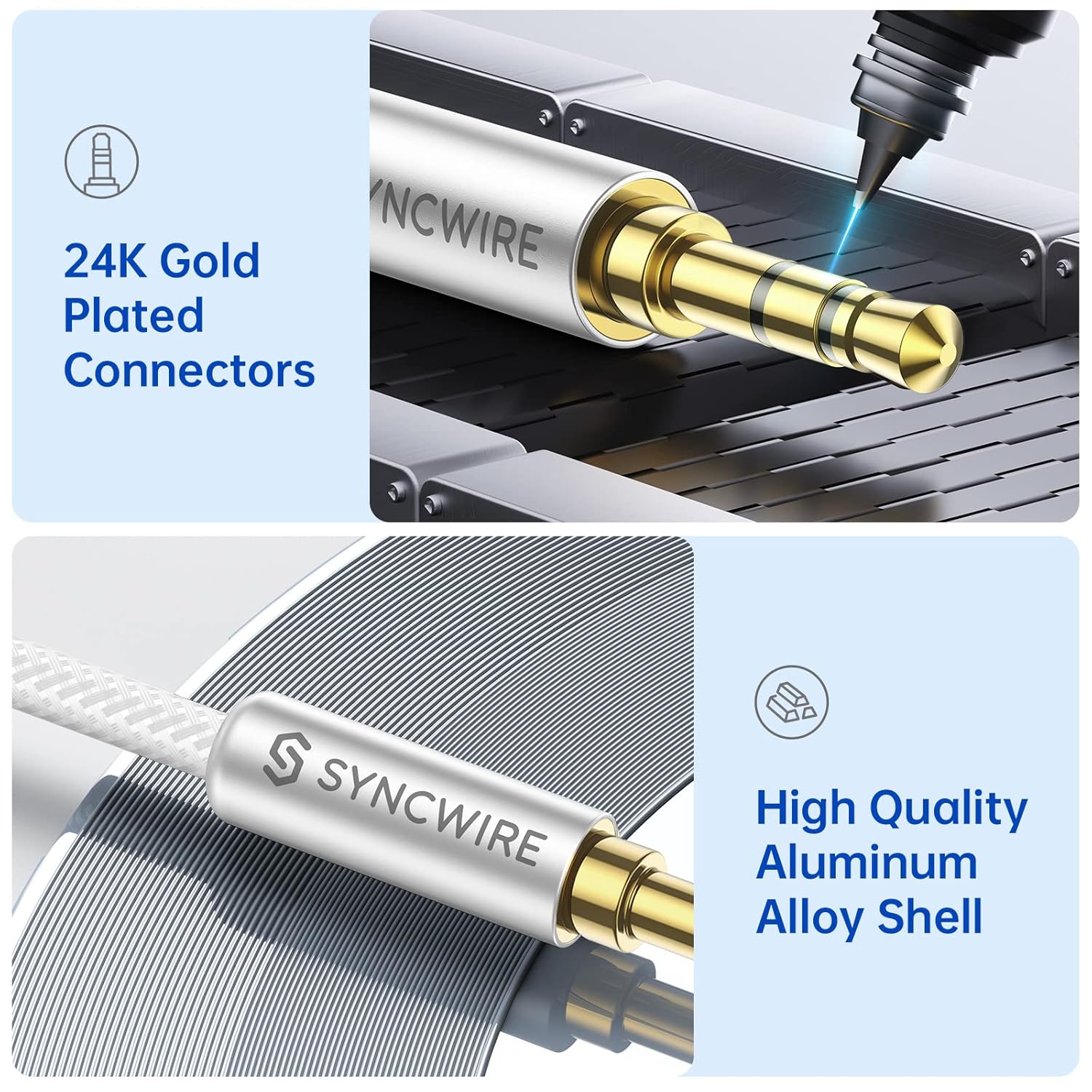 SYNCWIRE 3.5mm Nylon Braided Aux Cable (3.3ft/1m,Hi-Fi Sound), Audio Auxiliary Input Adapter Male to Male AUX Cord for Headphones, Car, Home Stereos, Speaker, iPhone, iPad, iPod, Echo & More – Silver