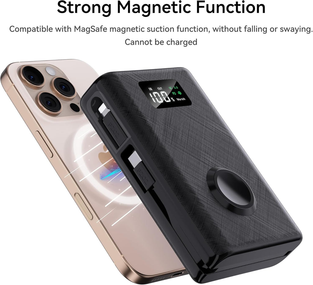 pzoz 20000mAh Portable Power Bank Powerbank Battery Pack with Apple Watch Magnetic Wireless Charger,USB Type C PD Fast Charging Cable Travel High Capacity Compatible iWatch iPhone 16 15 Phone (Black)
