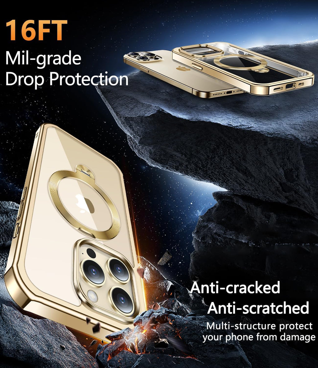 [360° Rotatable CD Stand & Built-in Privacy Screen Magnetic Case for iPhone 14 Pro Max[Compatible with MagSafe&Full Signal] Mil-Grade Shockproof Full Body Anti-Spy Cover for 14 Pro Max-Gold
