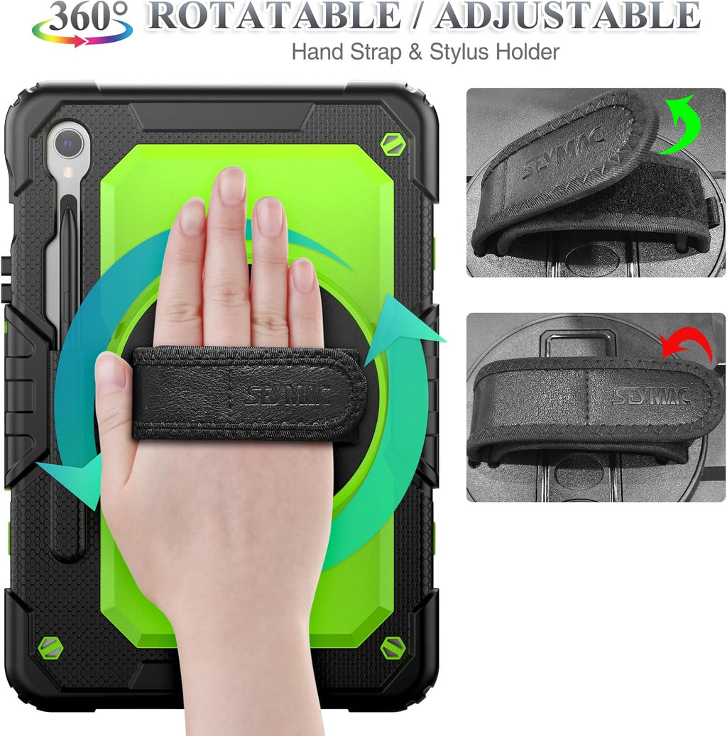 SEYMAC stock Case for Samsung Galaxy Tab S10 FE / S9 / S9 FE 5G Tablet Case Protective with Screen Protector, Pencil Holder, 360 Rotate Stand, Hand Strap, Shoulder Strap, Green1