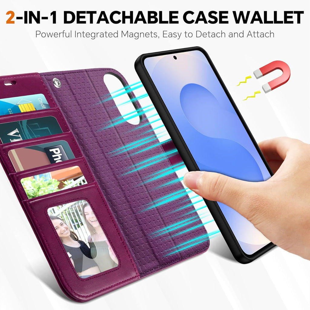 TUCCH Case for Galaxy S25 Edge, [Detachable] 2 in 1 Magnetic PU Leather Wallet Wrist Strap RFID Blocking Wireless Charging 4 Card Holder Kickstand Removable Flip Cover for Galaxy S25 Edge, Plum Purple