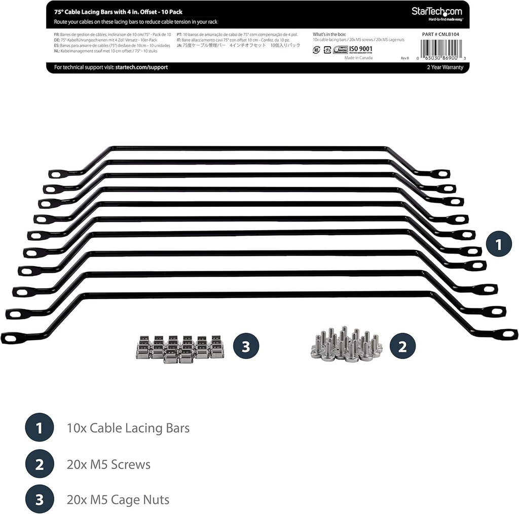 StarTech.com Horizontal Lacing Bar (10 Pack) w/ 4 inch Offset at 75 Degrees- Server Rack Cable Management - 19" Network Rack-Mount Cord Organizer Bars, TAA (CMLB104)