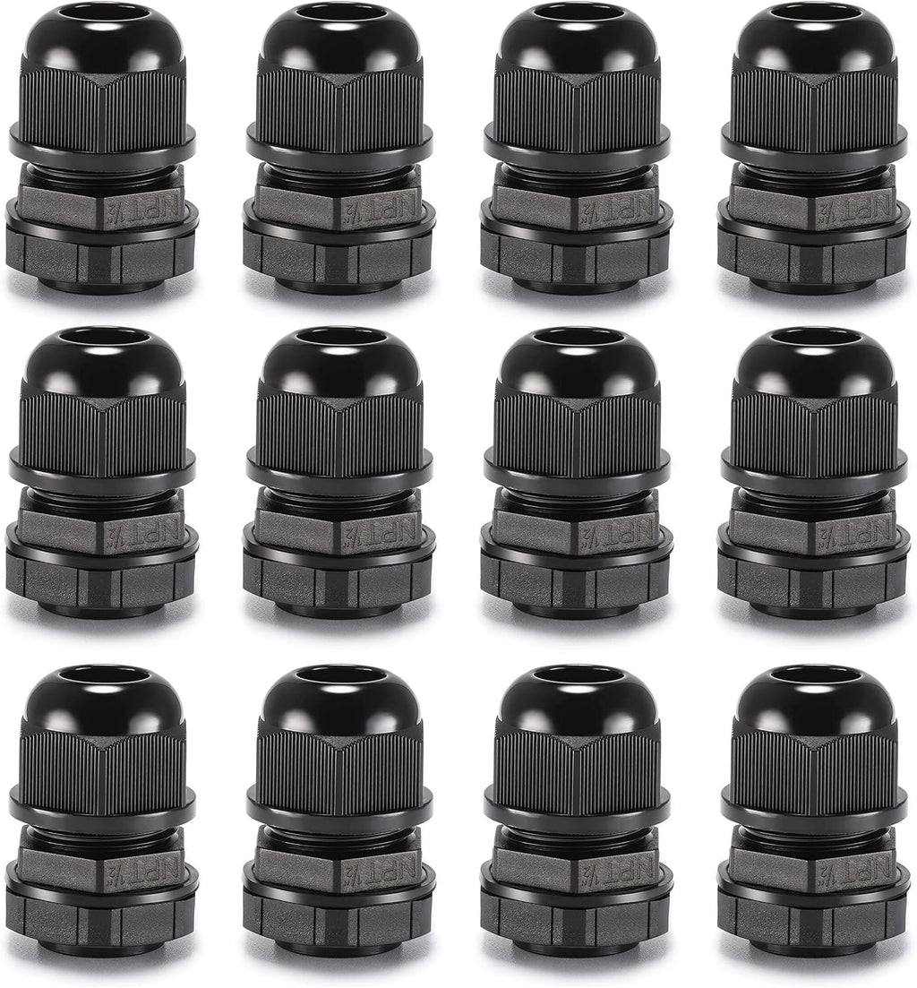 QILIPSU 12pcs 1/2" NPT Cable Gland Waterproof IP68 Nylon Cable Pass Through Cord Grip Connector Strain Relief Wire Grommet