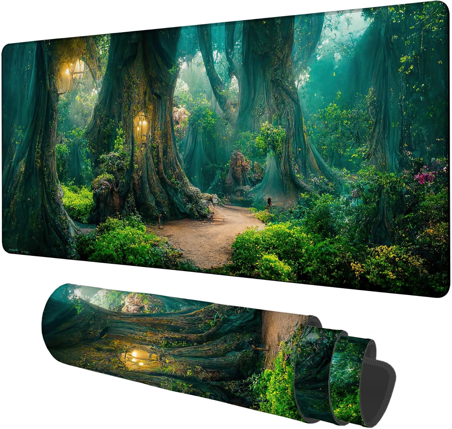 Gaming Desk Pad Large Extra Length Mysterious Forest Mouse Pad Keyboard Laptop Non-Slip Waterproof with Rubber Base Thick Stitched Edge Mouse Mat for Office Home 35.4 x 15.7 Inches