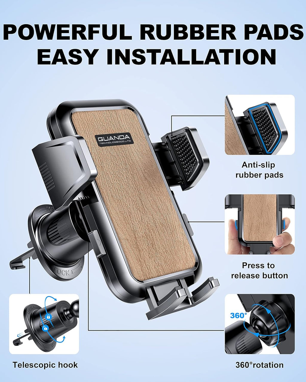 Car Phone Holder Mount for Air Vent, [Never Shake Hook Clip] 360° Adjustable Vent Clip, Compatible with Big Phones,Thick Cases, Phone Holders for Your Car–Fits iPhone, Samsung and Android