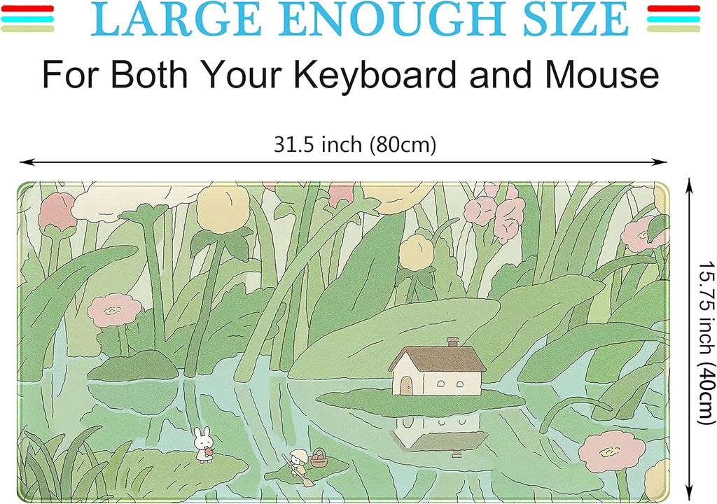 Kawaii Green Desk Mat Cute Mouse Pad Japanese, Flowers and Plants Keyboard Mat, Anime Aesthetics Large Mousepad XXL Gaming Desk Pad XL Office Home Decor for Women Girls Keyboard Pad 31.5"x15.75"