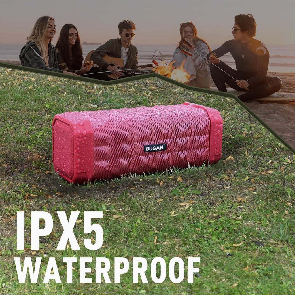 BUGANI Bluetooth Speaker Portable Wireless Speaker, 100ft Wireless Range, Louder Volume, Stereo Sound, Amazing Bass 24H Playtime, IPX5, Built-in Mic, Waterproof Speaker for Home, Outdoor, Red