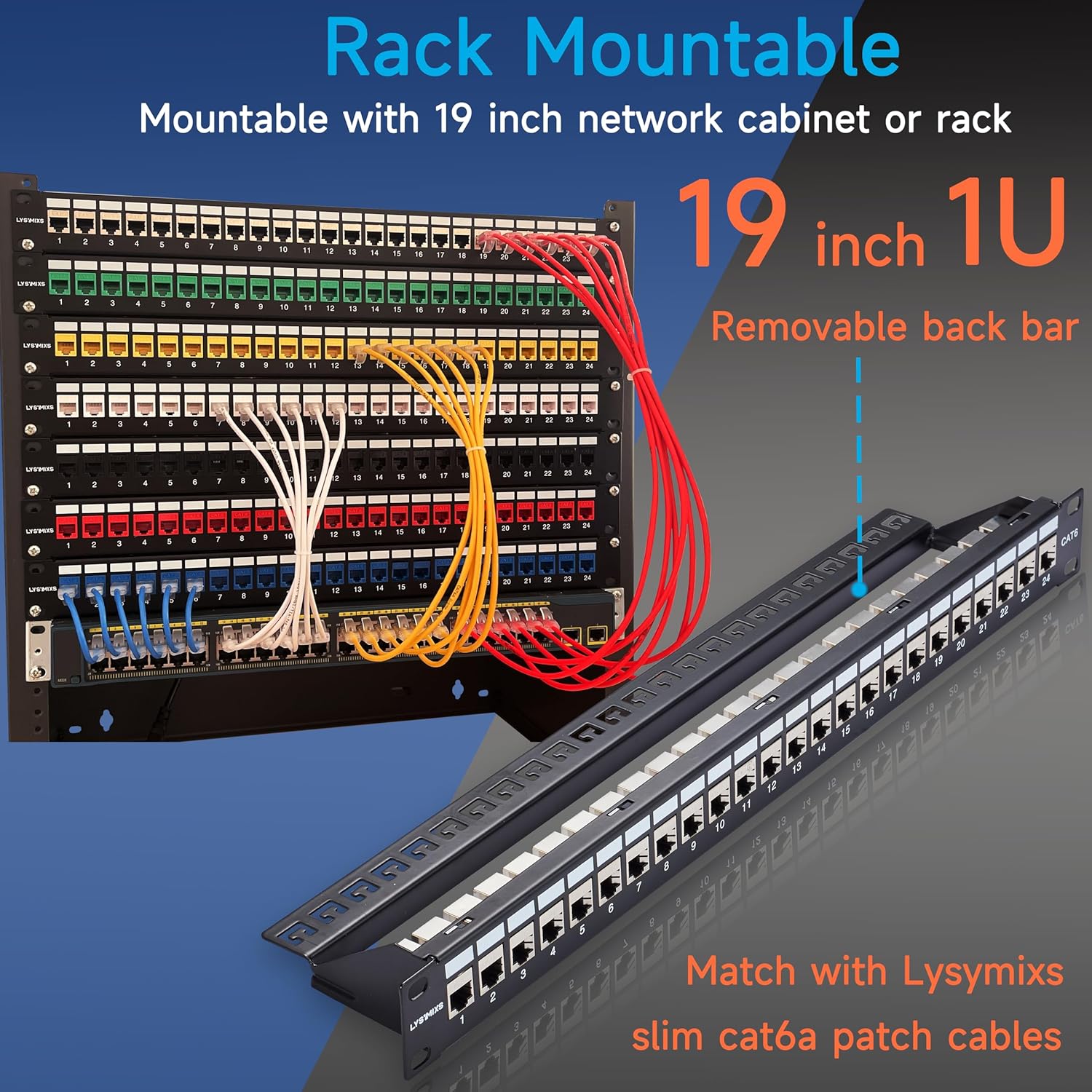 24 Port RJ45 Patch Panel Cat6 STP Feed Through, Coupler Network Panel 19 Inch, Inline Keystone Ethernet Patch Panel with Back Bar