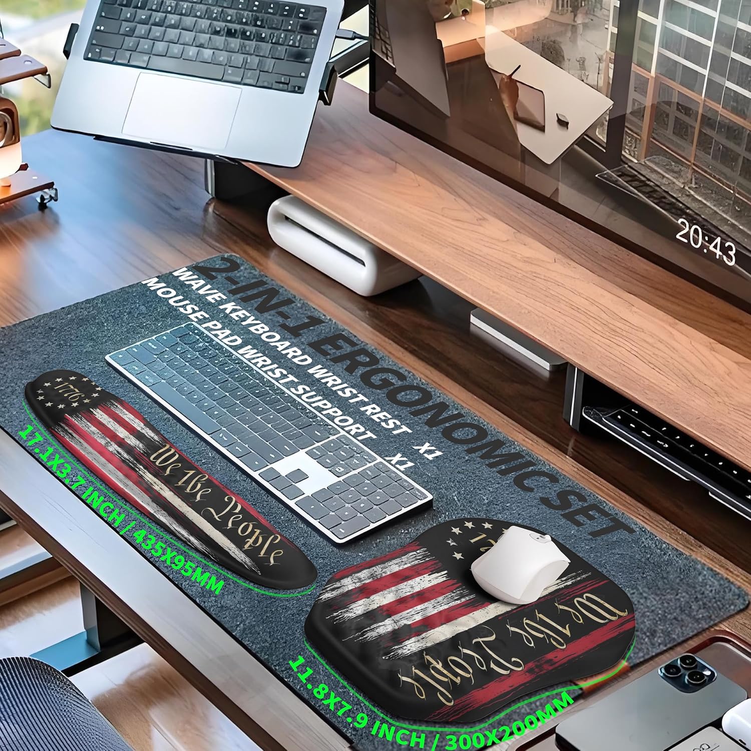 2-in-1 Ergonomic Set, Wave Keyboard Wrist Rest and Massage Slope Mouse Pad Wrist Support, Rebound Memory Foam for Relieve Carpal Tunnel Syndrome and Wrist Pain (Flag)