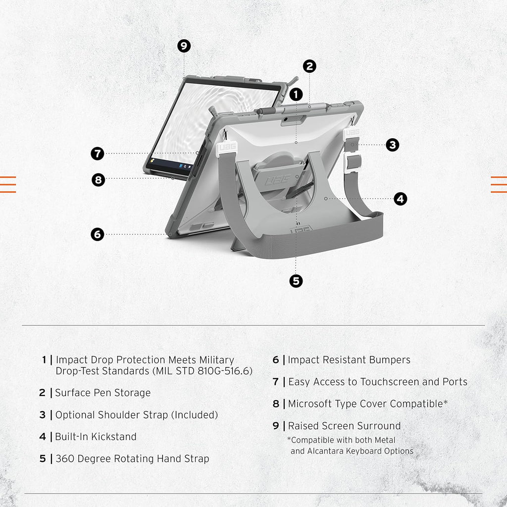 URBAN ARMOR GEAR UAG Designed for Microsoft Surface Pro 11/10/9 Case Plasma Healthcare White/Gray Dropproof Rugged Protective Cover with Multi-angle Built-in Kickstand Pen Holder Hand & Shoulder Strap