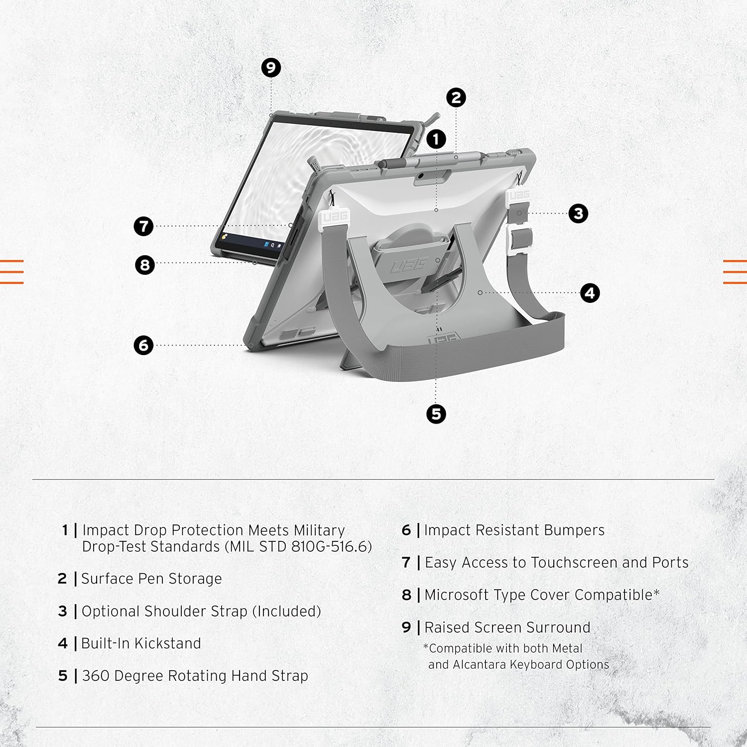 URBAN ARMOR GEAR UAG Designed for Microsoft Surface Pro 11/10/9 Case Plasma Healthcare White/Gray Dropproof Rugged Protective Cover with Multi-angle Built-in Kickstand Pen Holder Hand & Shoulder Strap