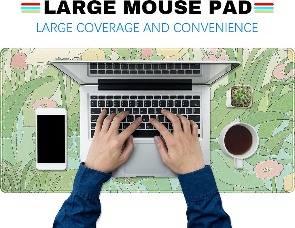 Kawaii Green Desk Mat Cute Mouse Pad Japanese, Flowers and Plants Keyboard Mat, Anime Aesthetics Large Mousepad XXL Gaming Desk Pad XL Office Home Decor for Women Girls Keyboard Pad 31.5"x15.75"