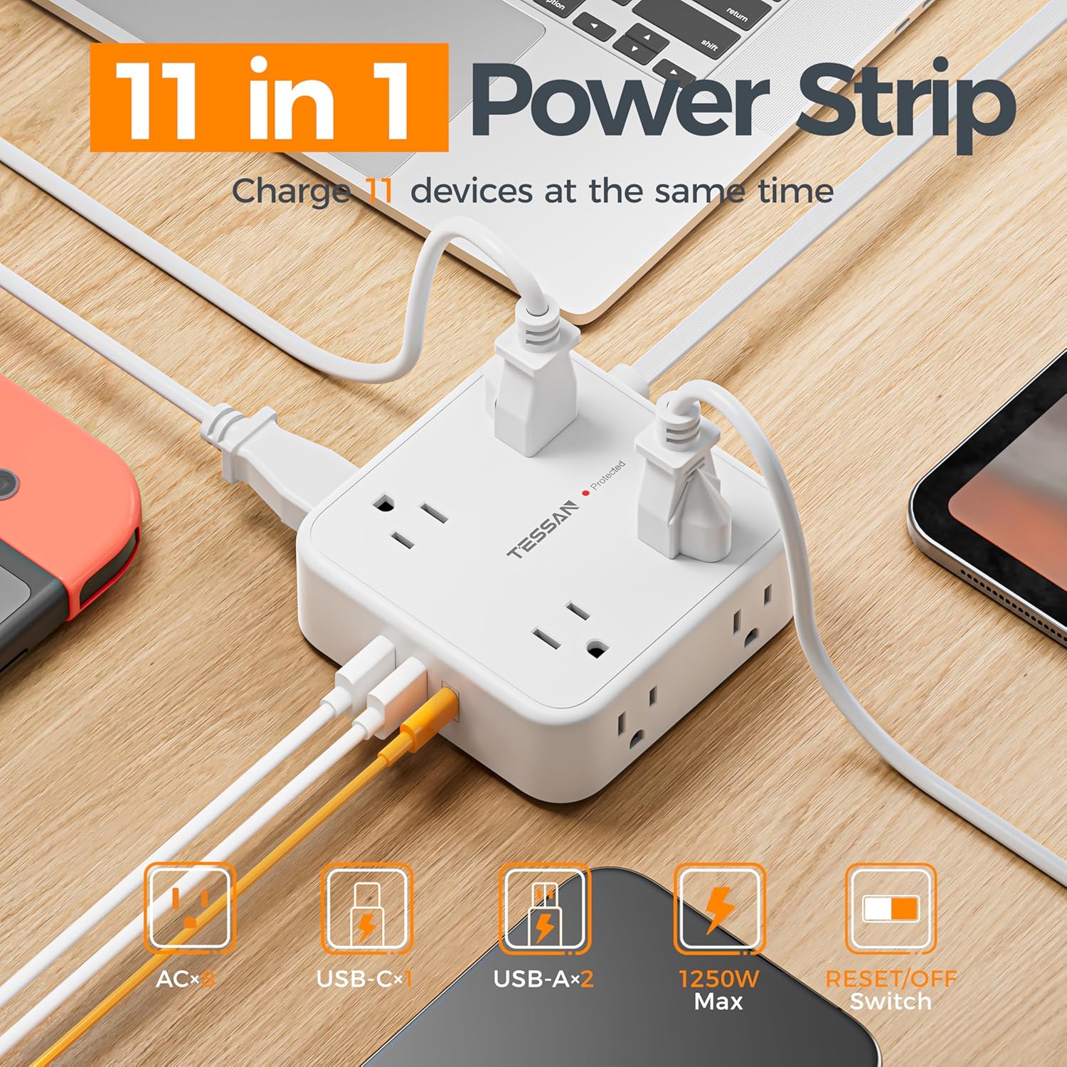 TESSAN 10 Ft Flat Plug Extension Cord with Multiple Outlets, Surge Protector Power Strip with 3 USB(1 USB C) 8 Outlets, 900J Protection, Desk Charging Station for Home, Dorm Room Essentials, White