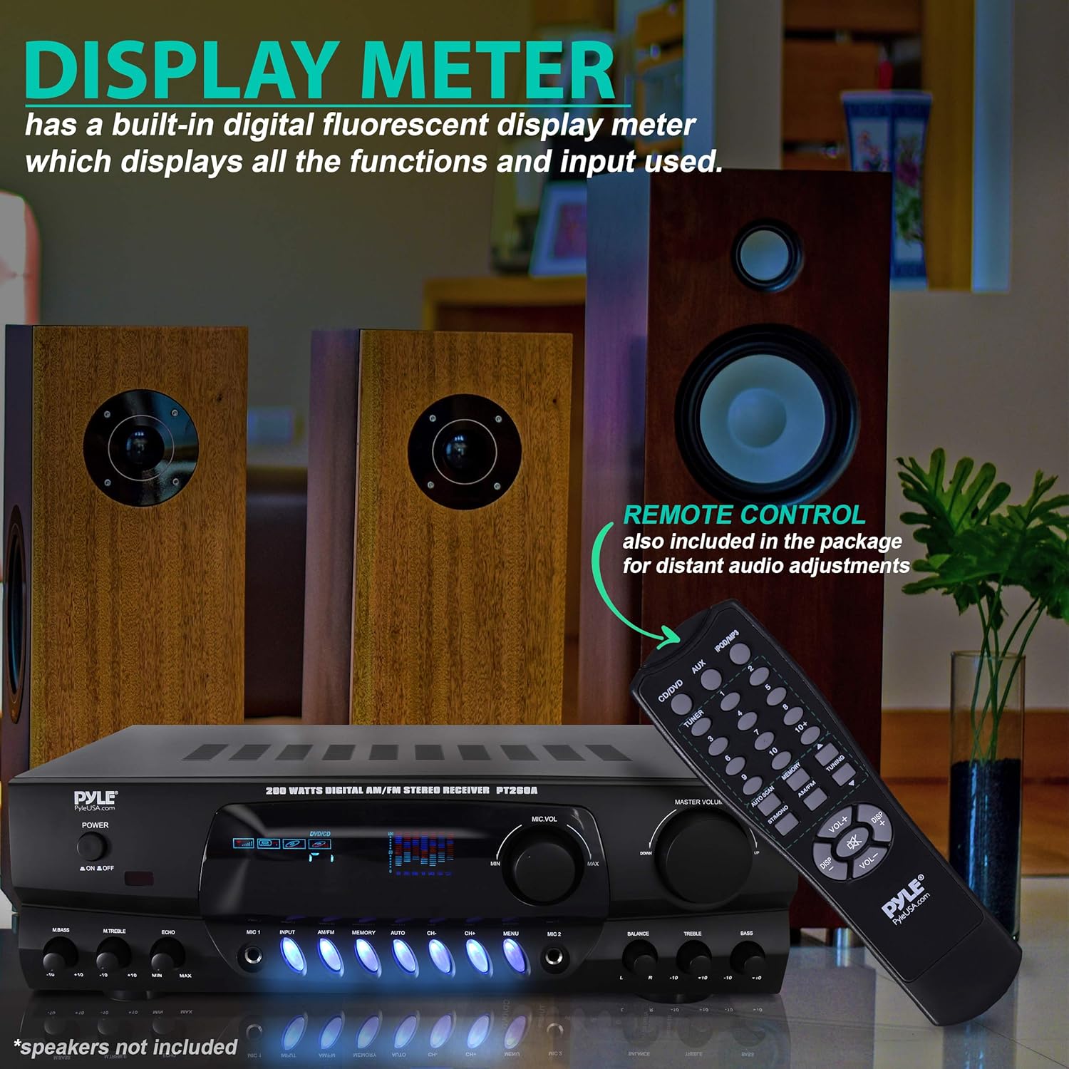 Pyle 200W Home Audio Power Amplifier - Stereo Receiver w/AM FM Tuner, 2 Microphone Input w/Echo for Karaoke, Great Addition to Your Home Entertainment Speaker System - PT260A.5
