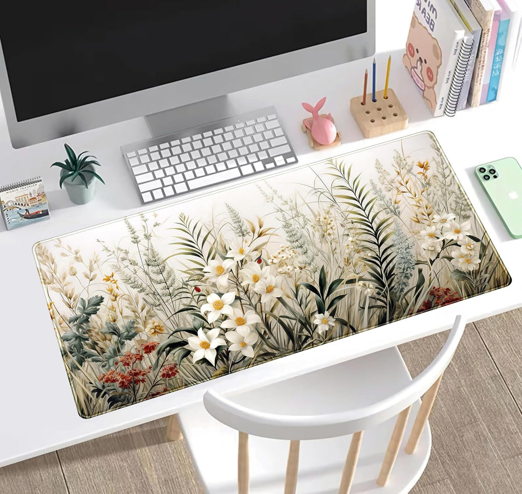 Beige Aesthetic Sage Desk Mat Cute Watercolor Flowers Mouse Pad Desk Pad, XXL Large Extended Gaming Anime Mousepad Big Keyboard Mouse Mat, Home Office Desktop Decor Deskpad for Women 31.5x15.75 in