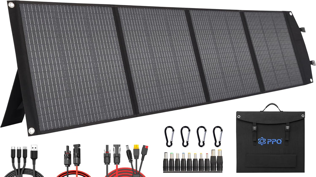 PPQ 200W Portable Solar Panel Kit 18V/12A,14lb Foldable Briefcase Solar Charger w/ 24% Efficiency,4 Cables & 16 Outputs for All Camping Power Station, RV Battery, Phones, IP67 Waterproof