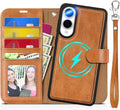 TUCCH Wallet Case for Galaxy S25 Edge, Removable 2 in 1 RFID Blocking [4 Card Slot] Wrist Strap [Wireless Charging] Kickstand PU Leather Magnetic Detachable Protective Cover for Galaxy S25 Edge, Brown