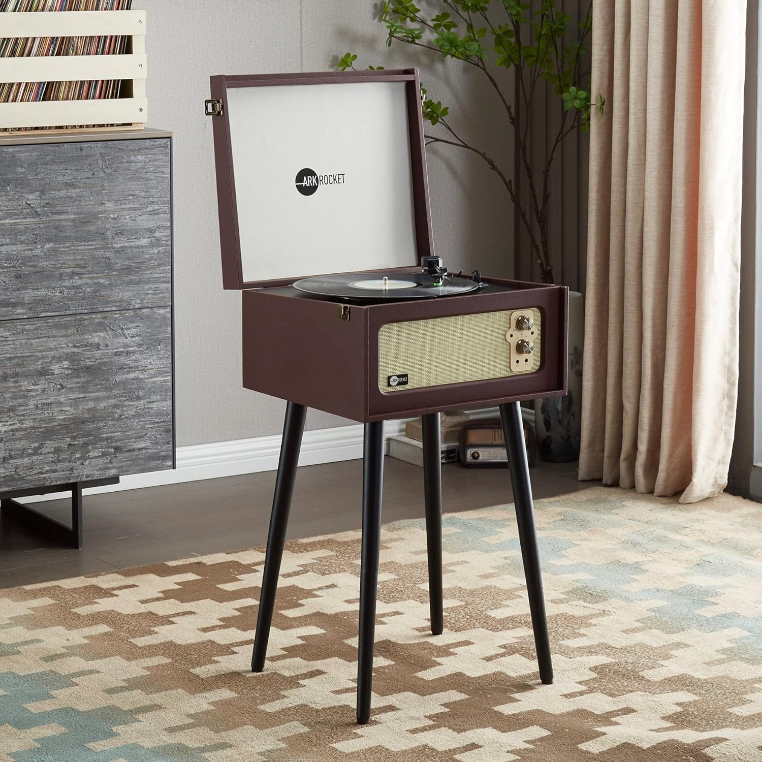 Arkrocket 3-Speed Bluetooth Record Player Retro Turntable with Built-in Speakers and Removable Legs [ Limited Edition ] (Brown)