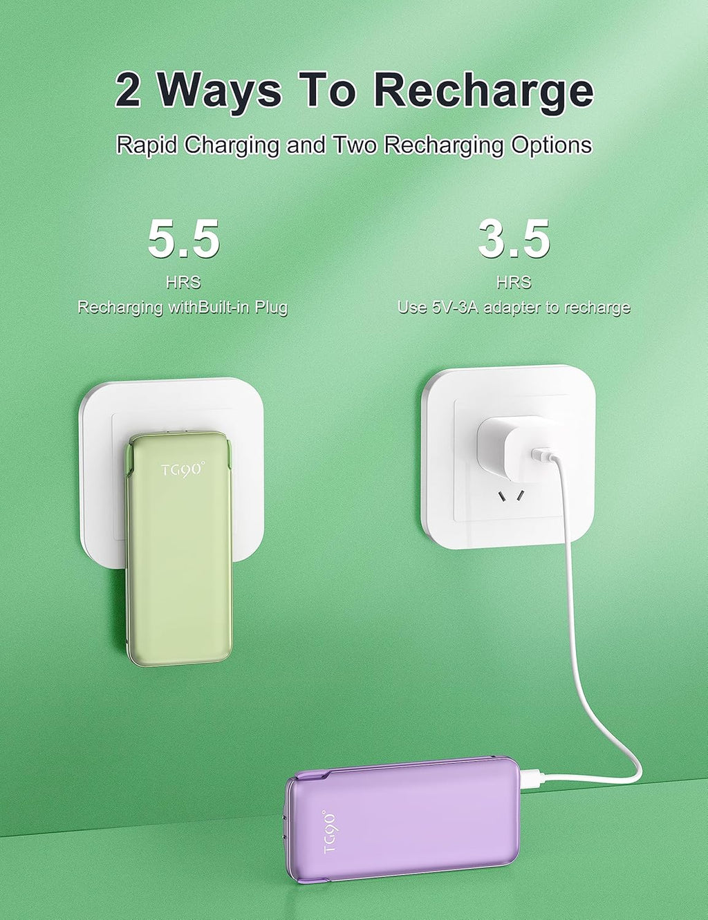TG90° 10000mah Portable Charger with Built in Cables and AC Wall Plug, Compact Power Bank Portable Phone Charger Battery Pack Compatible with iPhone Android Smart Devices