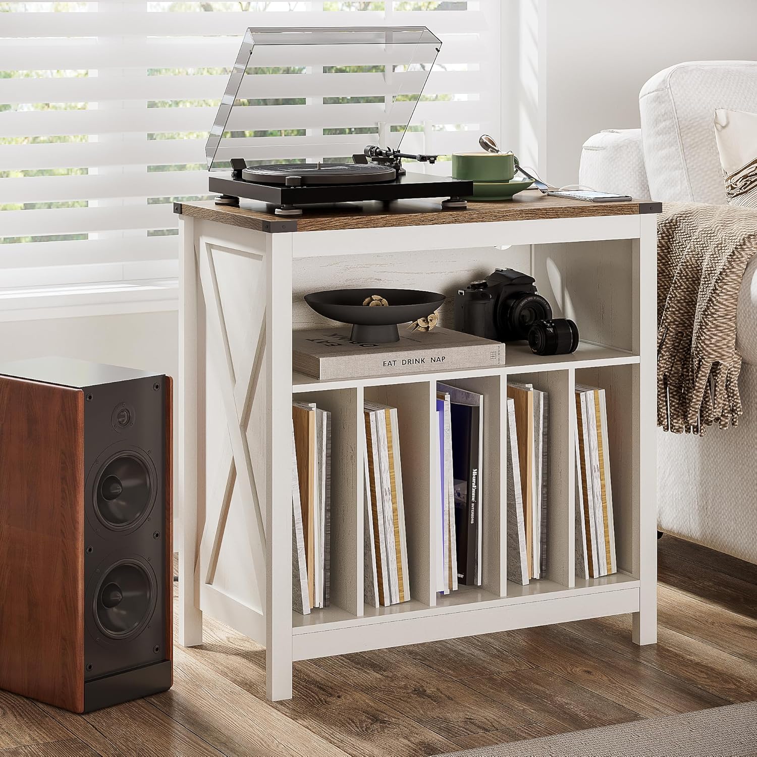 ChooChoo Large Record Player Stand with Charging Station & LED Light, Vinyl Record Holder hold up to 300 Albums, Farmhouse End Table for Bedroom, Living Room, Soft White