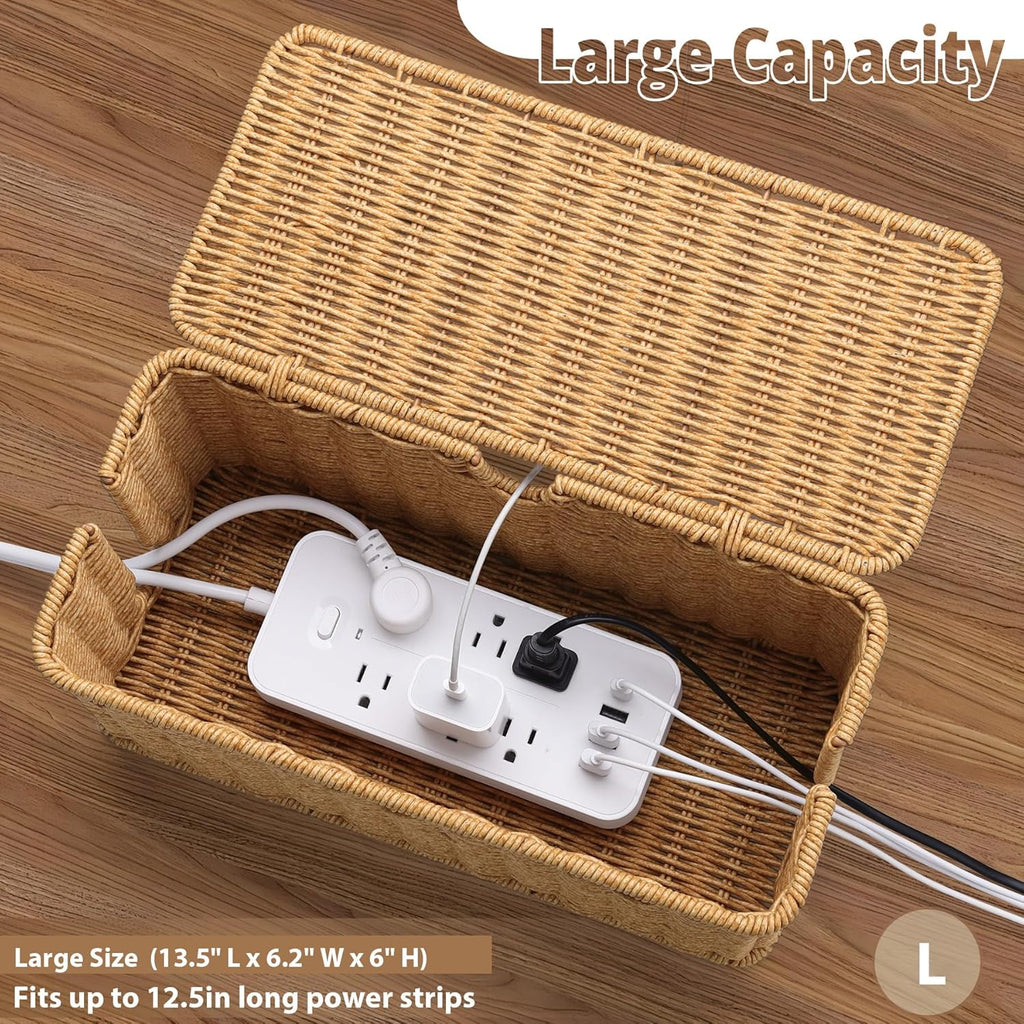 2Pack Large Cable Management Box, Handwoven Imitation Rattan Cord Organizer wire Hider Box, Desk Cord Management to Hide Cords and Power Strips