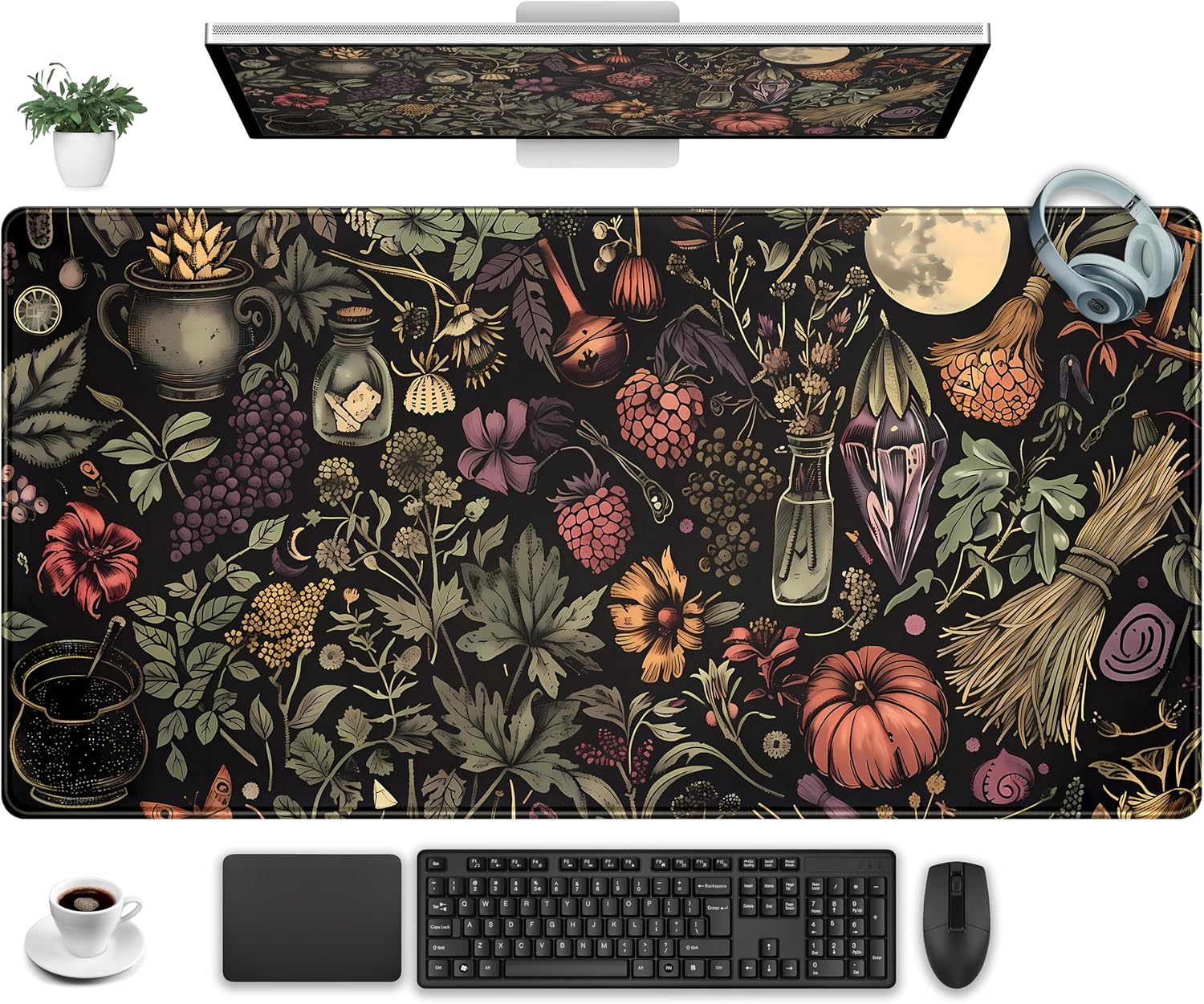 Desk Mat Botanical Witchery Mouse Pad Gaming Mat Dark Keyboard Mat, Long Mouse Mat XXL Extended Desktop Pad Computer Mats with Stitched Edges, Office Desk Accessory Home Decor 31.5" x 15.7"