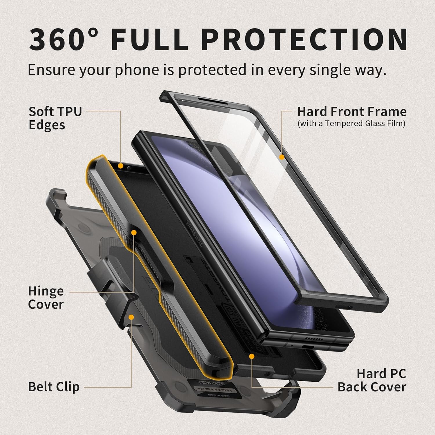 TONGATE for Z Fold 5 Case, [with S Pen Slot & Hinge Protection] [Tempered Glass Screen Protector] Full-Body Military Drop Phone Case for Samsung Galaxy Z Fold 5 with Kickstand & Belt Clip, Black