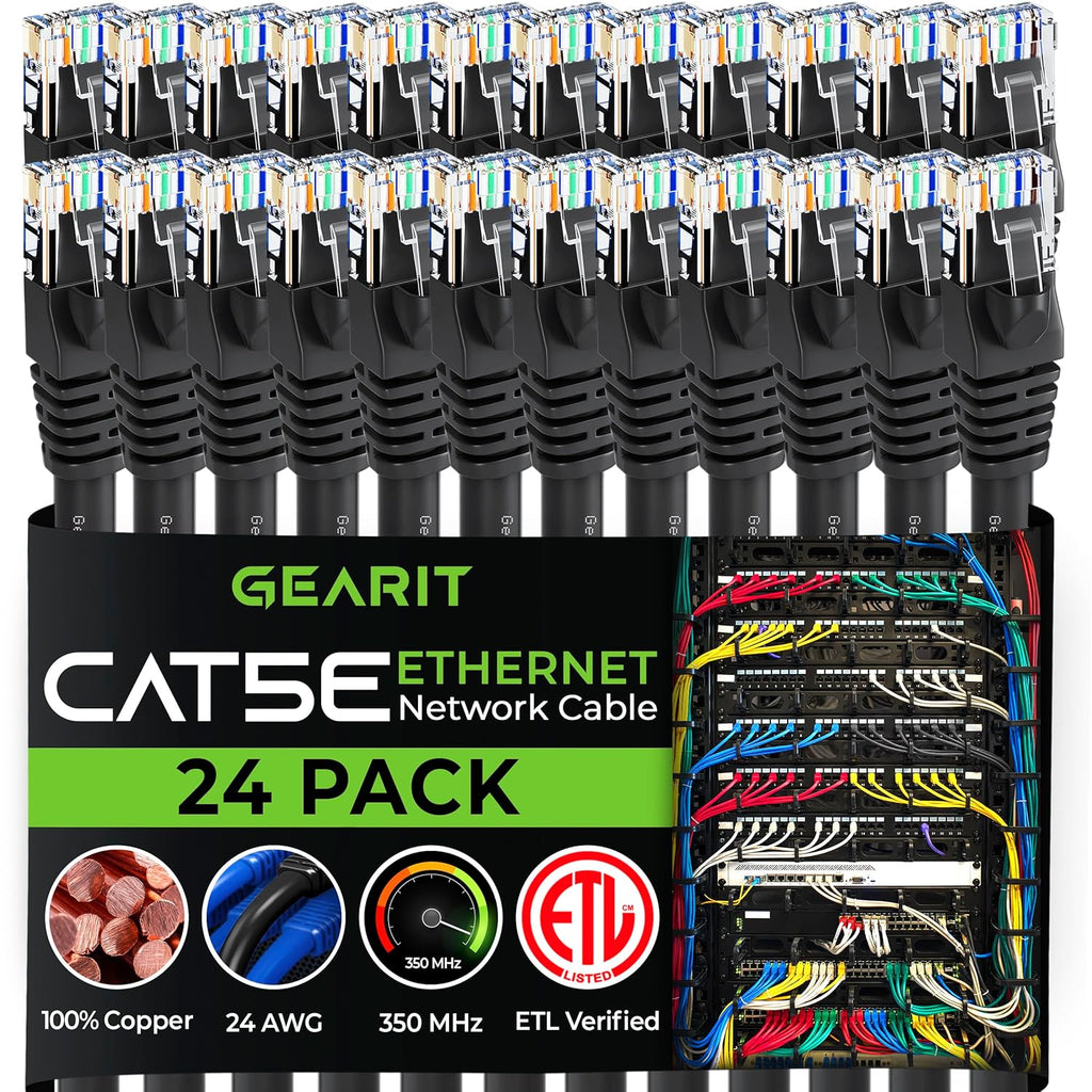 GearIt 24-Pack, Cat5e Ethernet Patch Cable 5 Feet - Snagless RJ45 Computer LAN Network Cord, Black