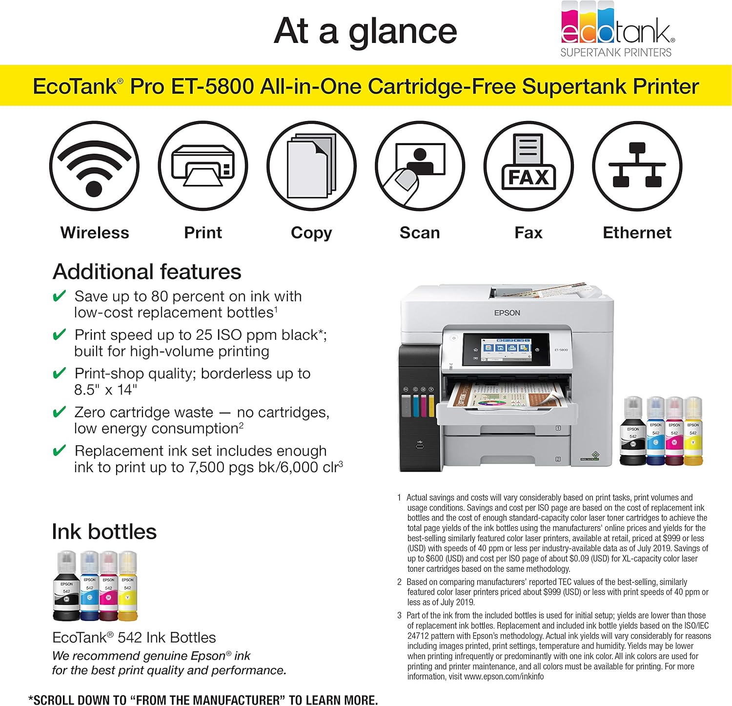 Epson EcoTank Pro ET-5800 Wireless Color All-in-One Supertank Printer with Scanner, Copier, Fax and Ethernet, White