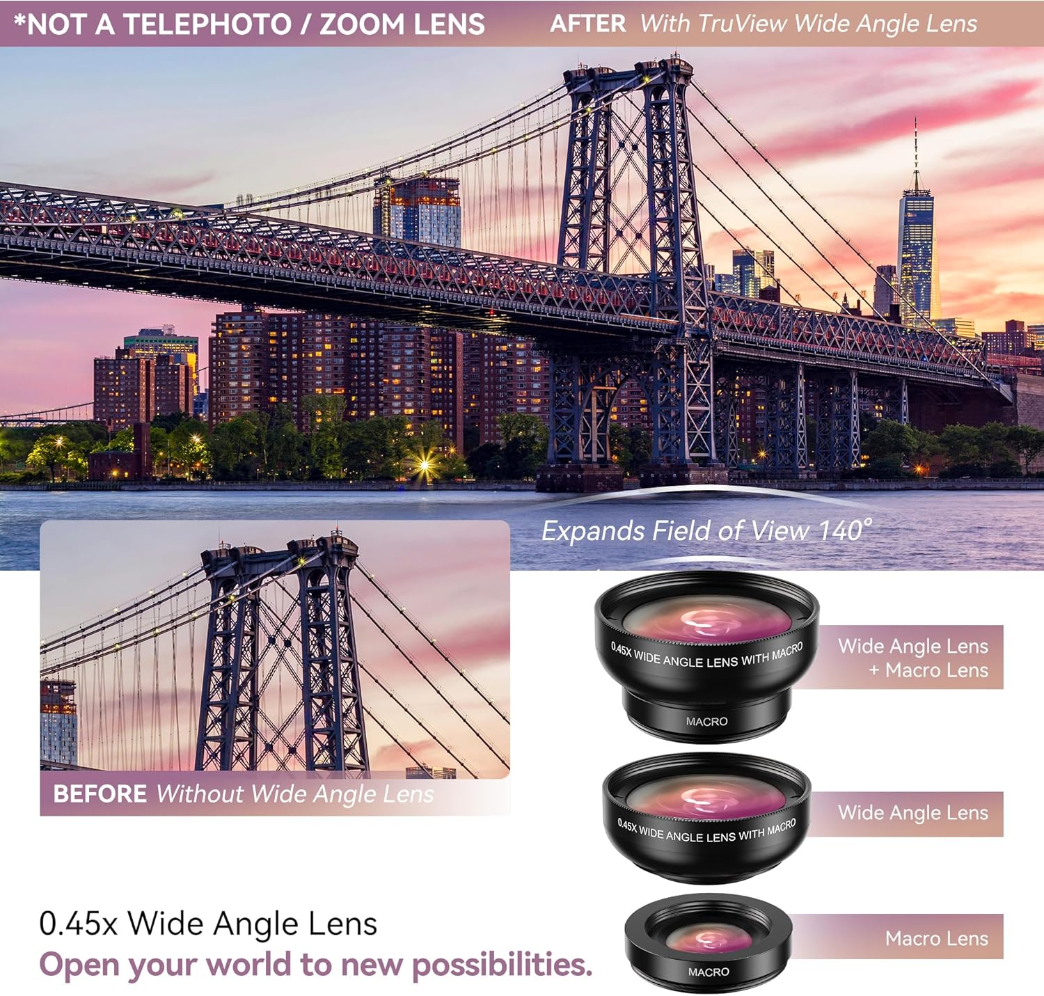 MIAO LAB 2-in-1 Phone Camera Lens Kit, 12.5X Macro + 0.45X Wide Angle (140°) Cell Phone Clip-on Lens for iPhone/Android, Includes Travel Bag