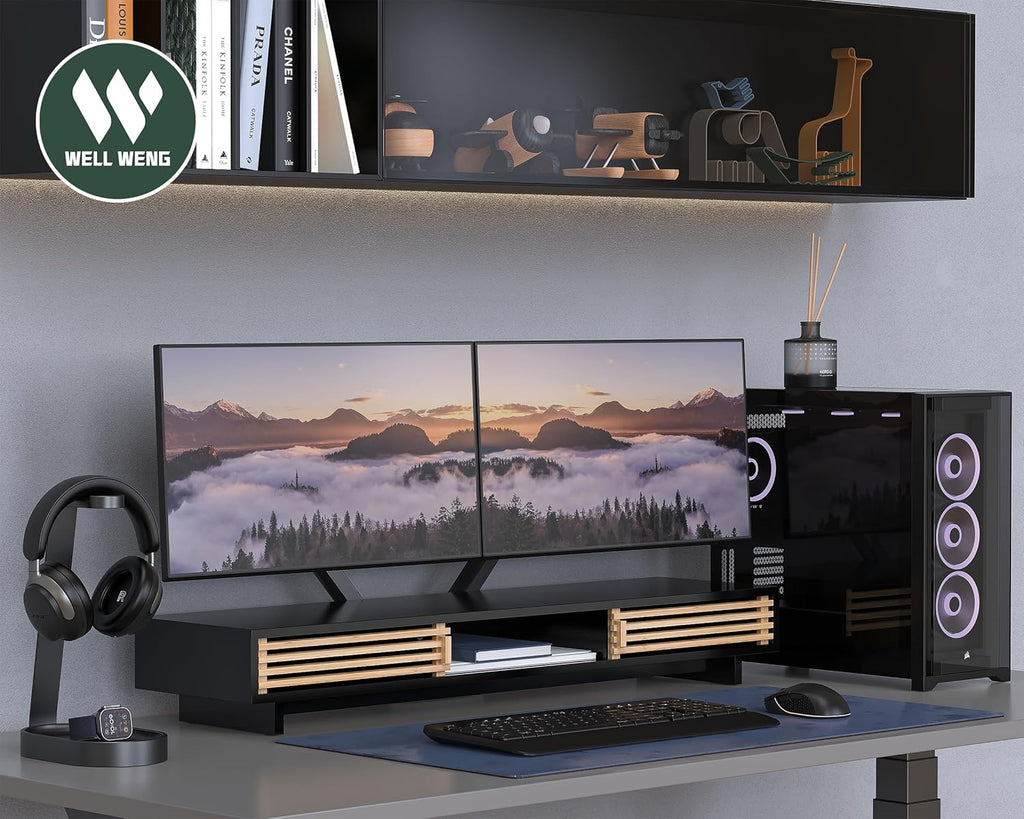 Dual Monitor Stand Riser with Sliding Door, Double Computer Laptop Stand Desk Shelf Organizer with Storage (Black + Natural Bamboo, 38 Inch)