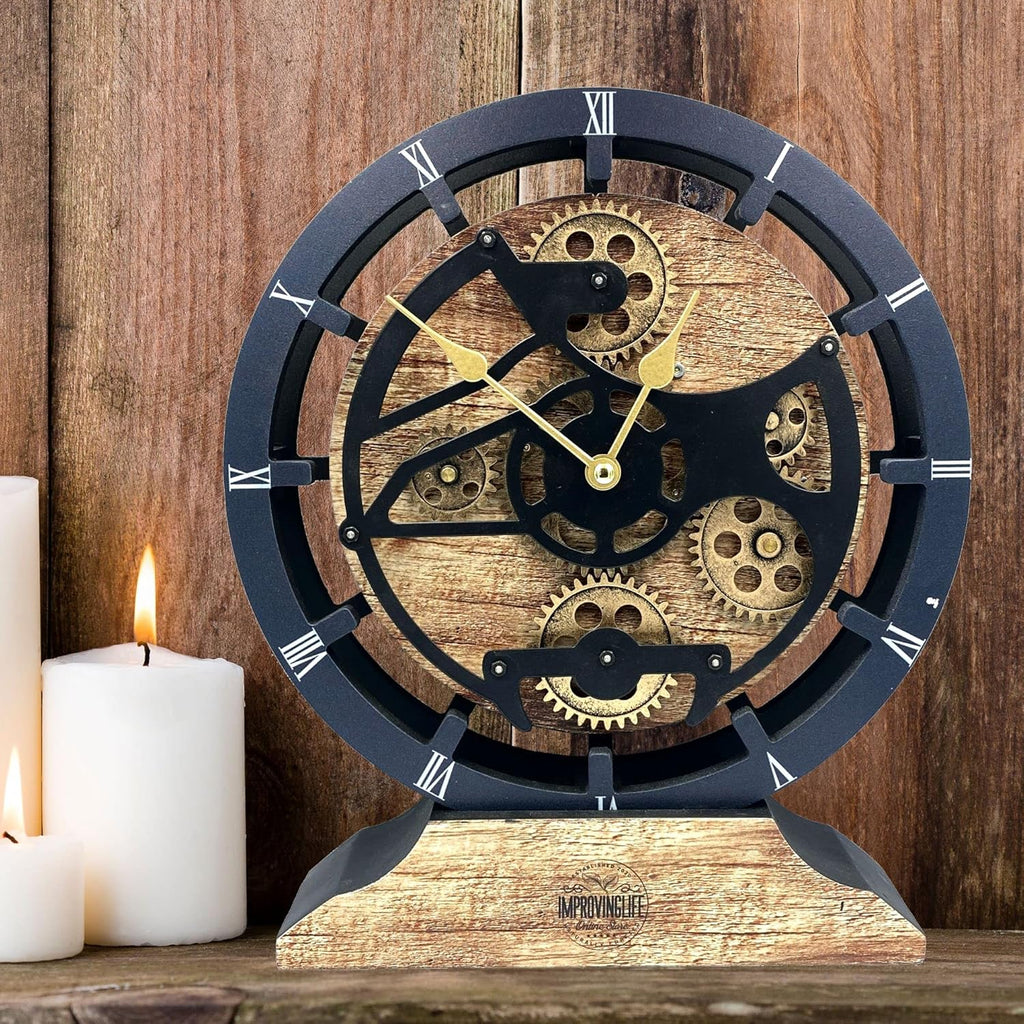 ImprovingLife The Gears Clock Desk Clock 10 inches with Real Moving Gears Convertible into Wall Clock (Vintage Brown)