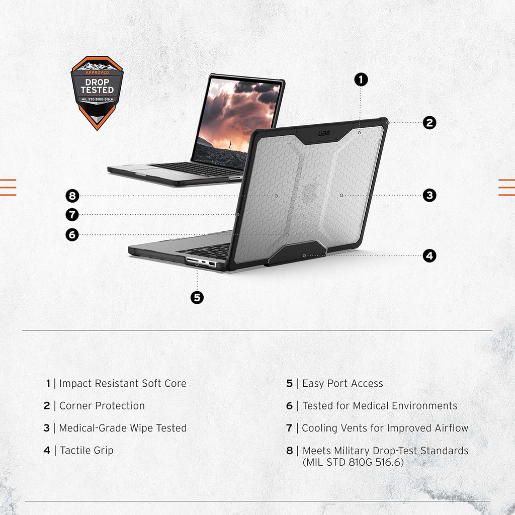 URBAN ARMOR GEAR UAG Designed for MacBook Pro 14 inch Case 2023-2024 M4 M3 Max/Pro (A2918 A2992 A2992 A3112 A3401 A3185) Rugged Touch ID Military Grade Plyo Laptop Cover, Translucent Clear Ice