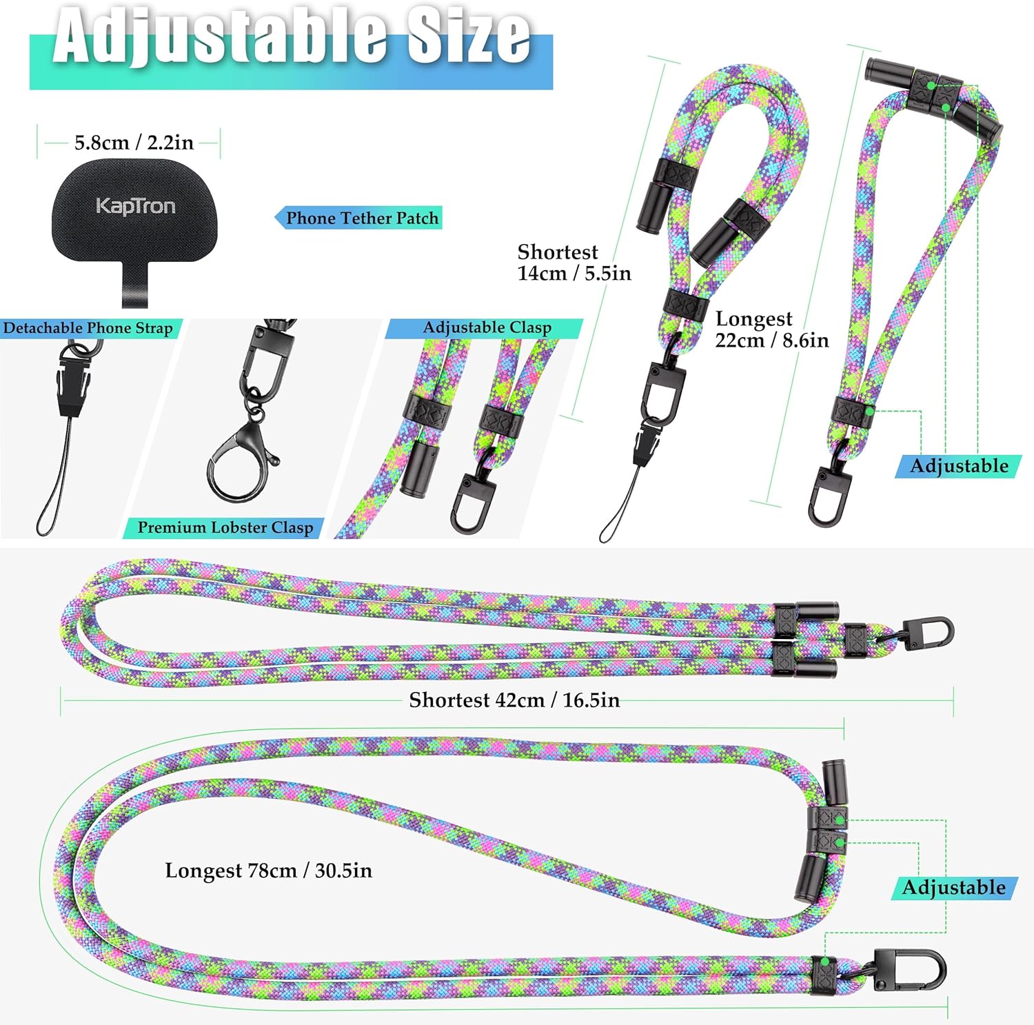 Universal Phone Lanyard with Wrist Strap, Adjustable Crossbody Cell Phone Lanyard Neck Strap and Wristlet Strap with 2 Lobster Clips, Phone Tether Patches and Phone Straps (Mixed Green,2 Pack)