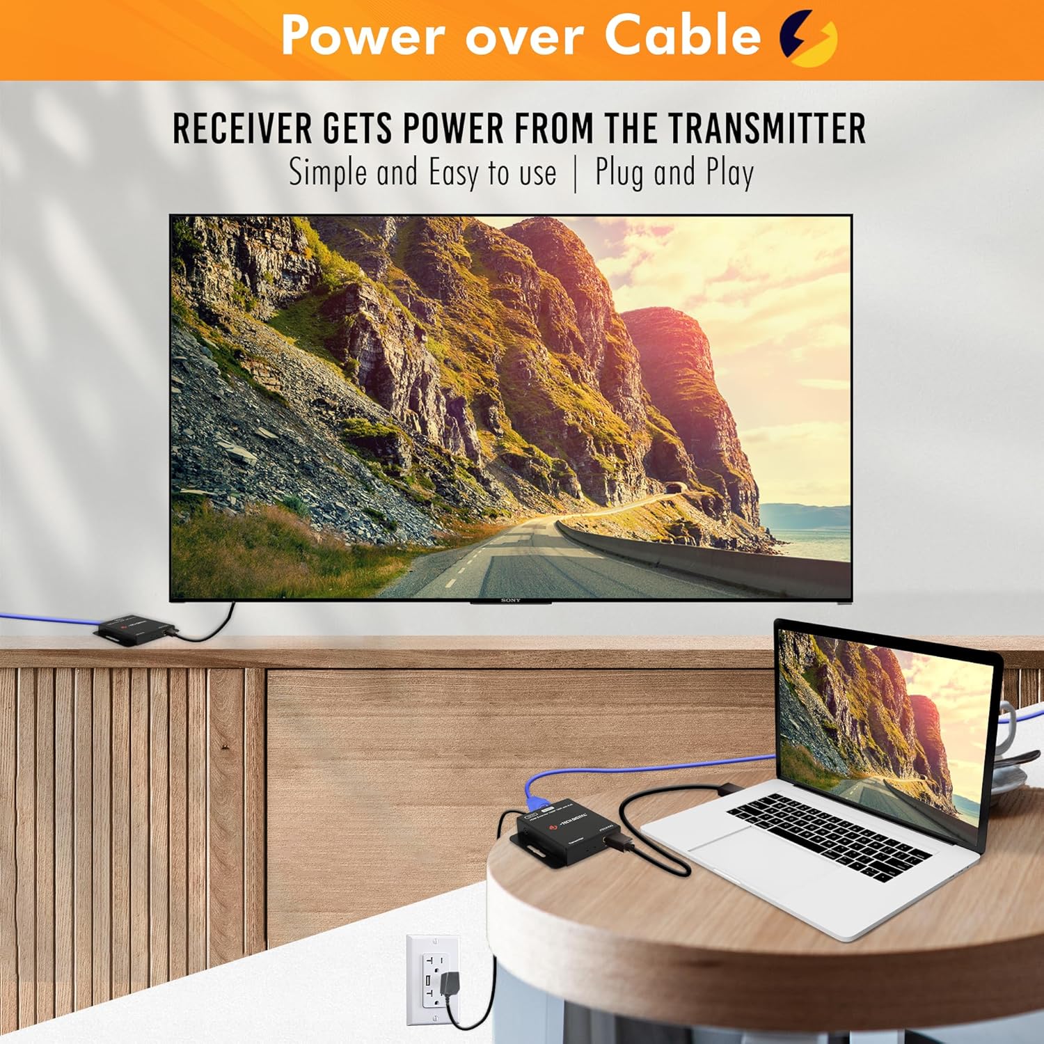 J-Tech Digital HDMI Extender Over Single Ethernet Cat5e/6/7 1080P Up to 1080P 160ft Support PoC 3D Digital Audio, Works with Laptop Desktop, Transmitter and Receiver [JTECH-EX2]