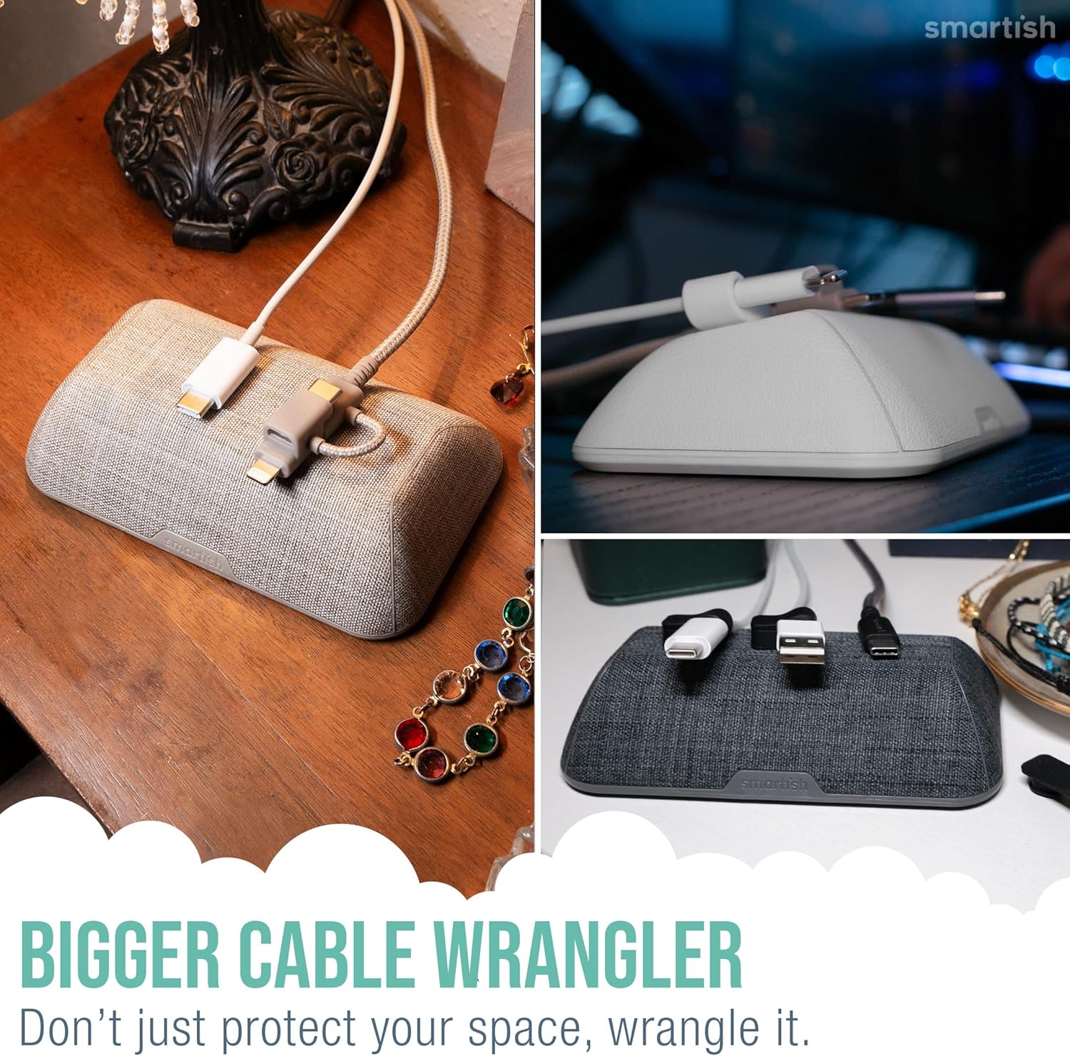 Smartish® Magnetic Cord Holder - Bigger Cable Wrangler Organizer with Magnet Clips for Charger Management on Desktop, Nightstand, or Side Table - Holds 6+ Cables - Blue Jeanie