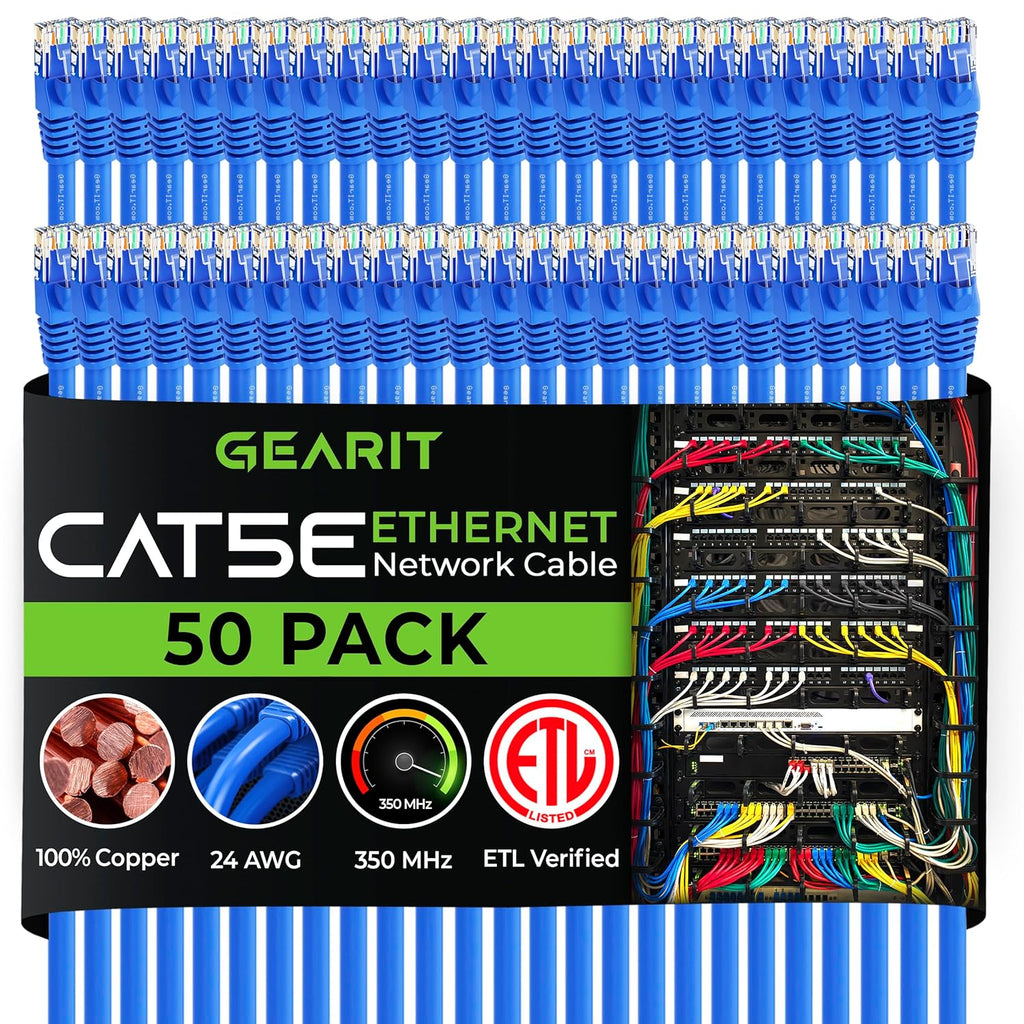 GearIT 50-Pack, Cat5e Ethernet Patch Cable 1 Foot - Snagless RJ45 Computer LAN Network Cord, Blue - Compatible with 48 Port Switch POE Rackmount 48port Gigabit