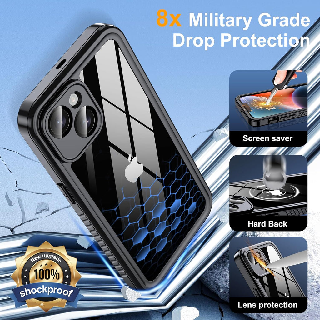 for iPhone 14 Case Waterproof - Built-in Privacy Screen Protector & HD Screen Protector [IP68 Underwater] Shockproof Dustproof Full Body Protection iPhone 14 Phone Case Black