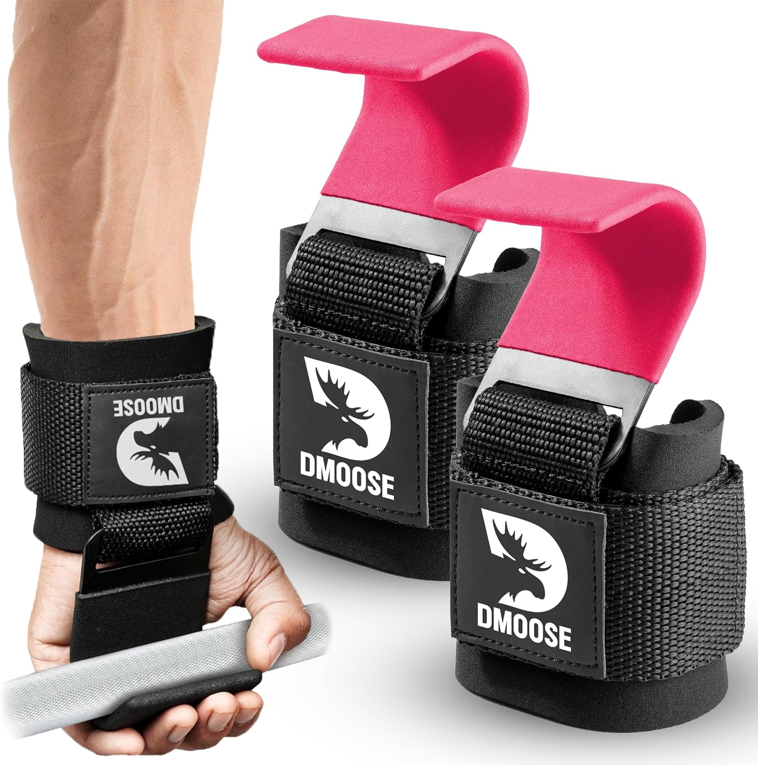 DMoose Fitness Weight Lifting Hooks (Pair) for Deadlifts, Pull Ups, Rows & Shrugs - Anti-Rip Nylon Strap Hand Grips with Thick Wrist Padding - Heavy Duty Wrist Straps for Weightlifting & Gym Workouts