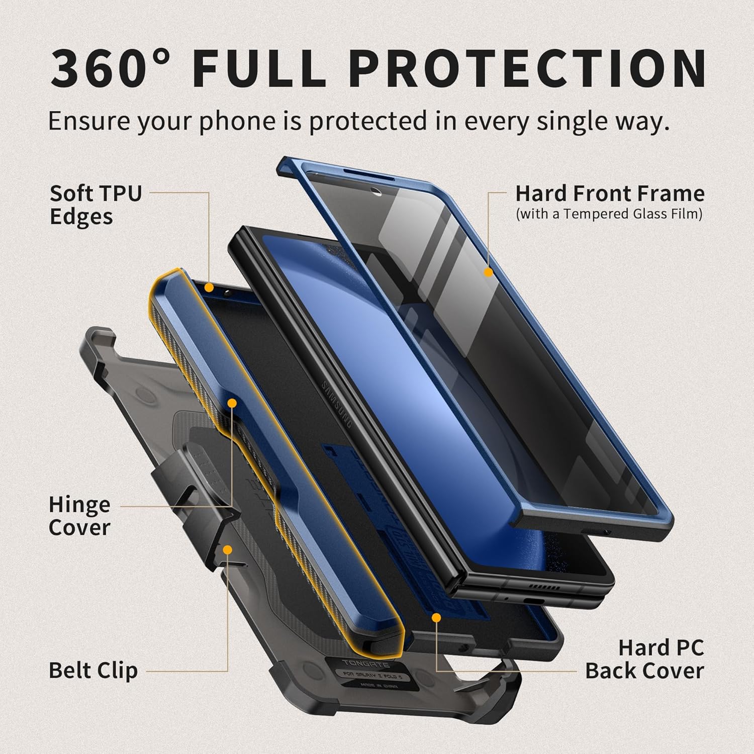 TONGATE for Z Fold 5 Case, [with S Pen Slot & Hinge Protection] [Privacy Glass Screen Protector] Full-Body Military Drop Phone Case for Samsung Galaxy Z Fold 5 with Kickstand & Belt Clip, Blue