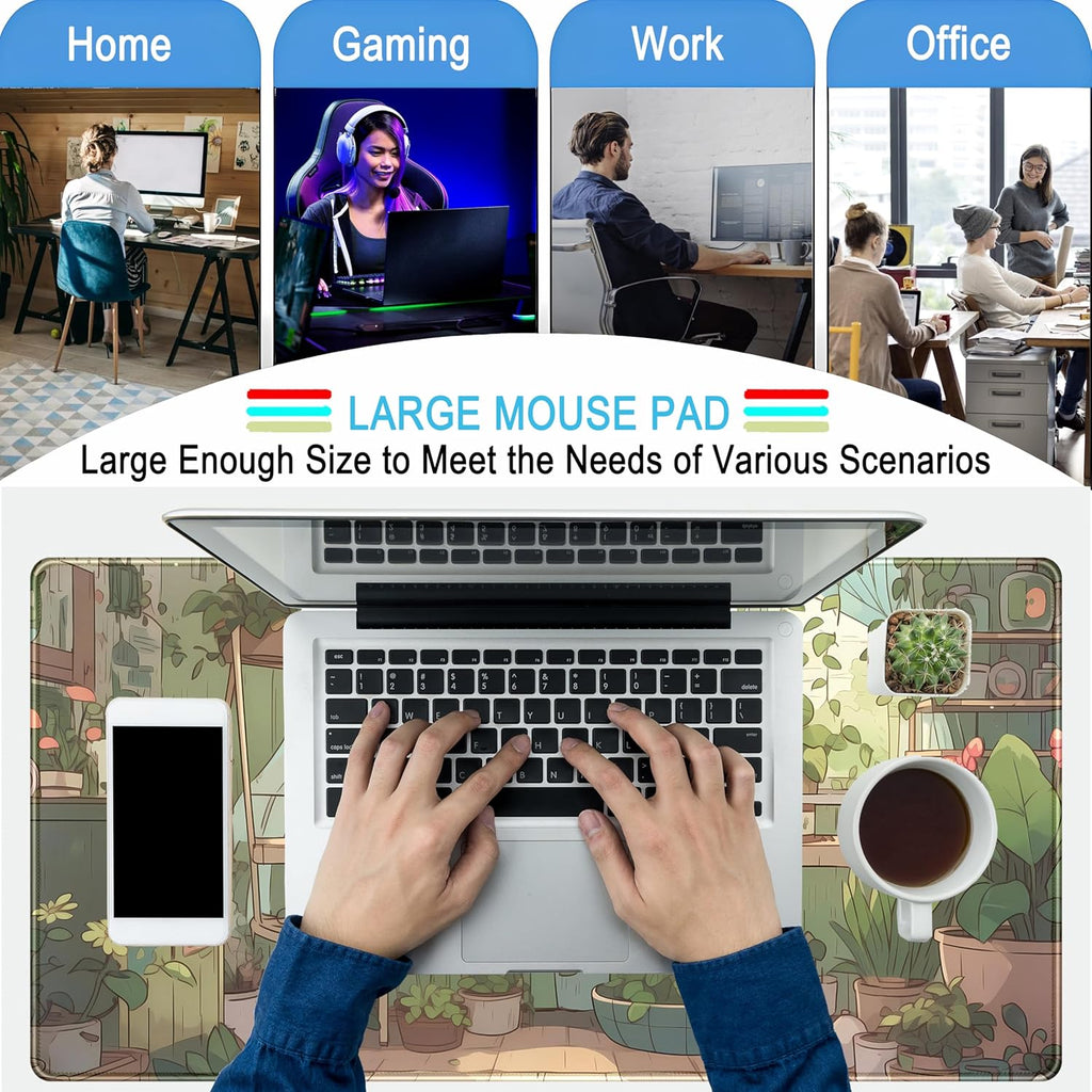 Cute Desk Mat Green Plants Gaming Mouse Pad XXL Large Extended Sage Laptop Keyboard and Mouse Mat with Stitched Edges, Computer Desktop Mat Playmat for Women Office Desk Decor Pad Mat 31.5x15.7 in