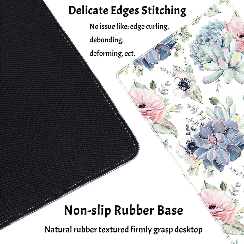 Watercolor Succulents Desk Mat, Plants Succulent Roses Desk Pad Protector, Large Gaming Mouse Pad, Stable Rubber Base Mousepad with Stitched Edges, Keyboard Mouse Mat for Work, Game, Office, Home