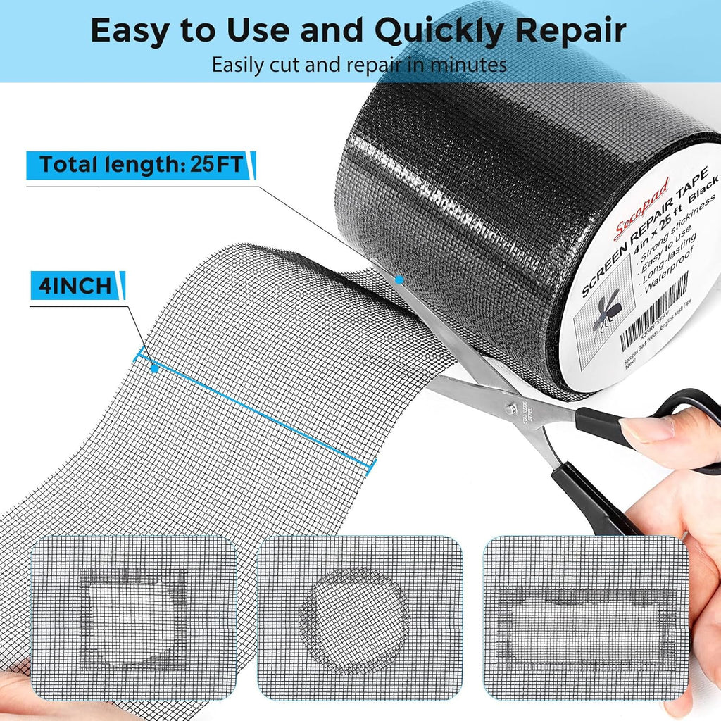 Black Window Screen Repair Tape, 4IN X 25FT (300IN) Screen Repair Kit for Windows or Doors, Strong Adhesive Patch Kit Fiberglass Mesh Tape
