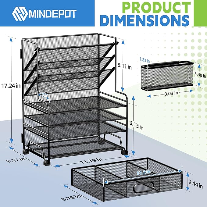 MINDEPOT 4-Tier Paper Organizer + 3-Pocket File Holder + Drawer + Pen Holders - Image 2